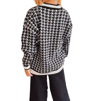 Damen Strickjacke Hahnentrittmuster Dekorative Knöpfe Norvielle