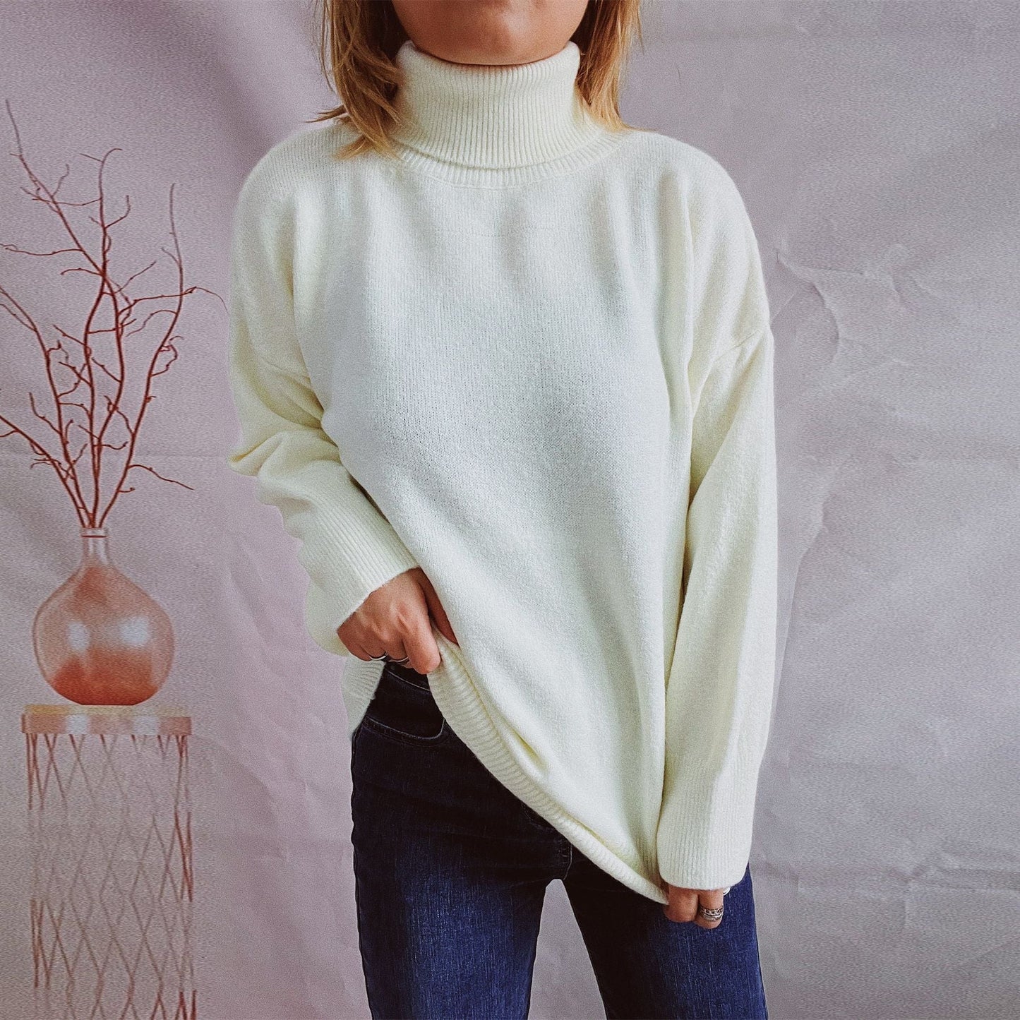 Damen Grobstrickpullover Hochkragen Locker Norvielle