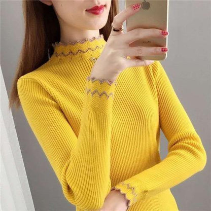 Damen Strickpullover Stehkragen Wellenmuster