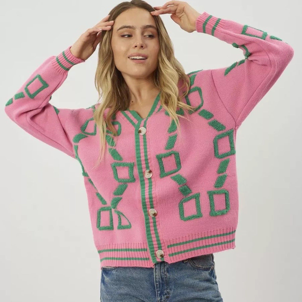 Damen Strickjacke Geometrisches Muster Knopfleiste Norvielle - Norvielle