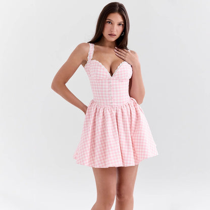 Damen Minikleid V-Schnitt Karomuster Rüschendetails
