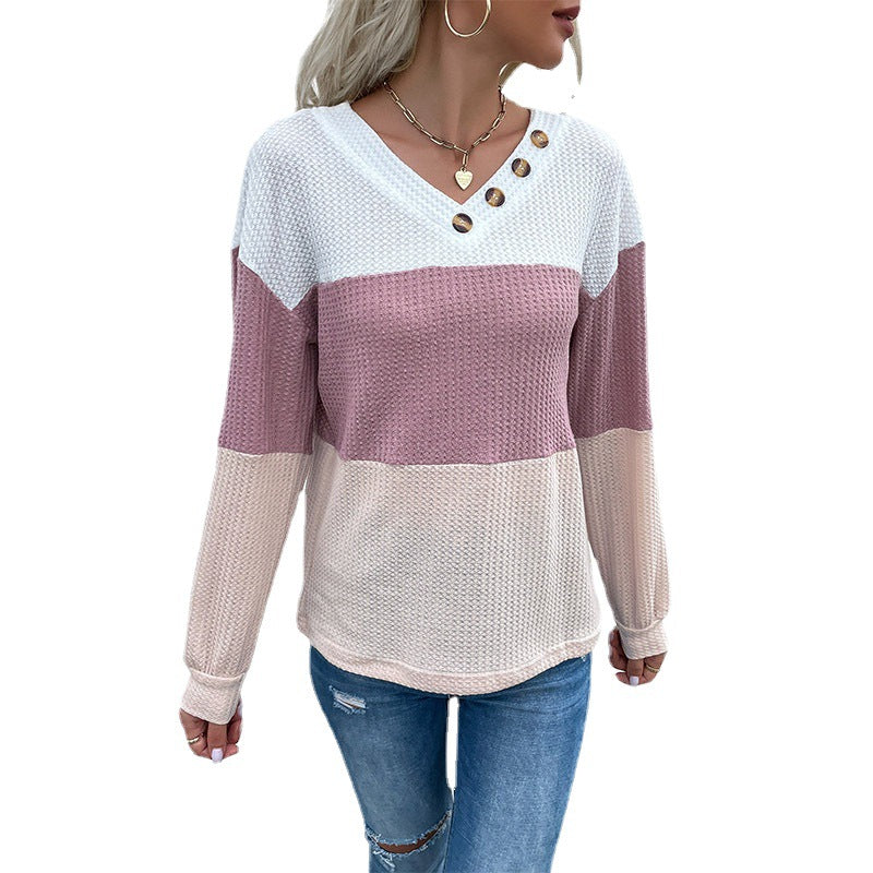 Damen Pullover V-Ausschnitt Strukturmuster Knöpfe Beige