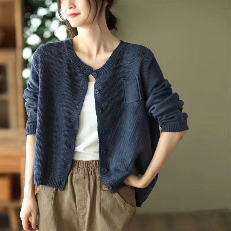Damen Strickcardigan Leicht Knöpfe Taschen Beige