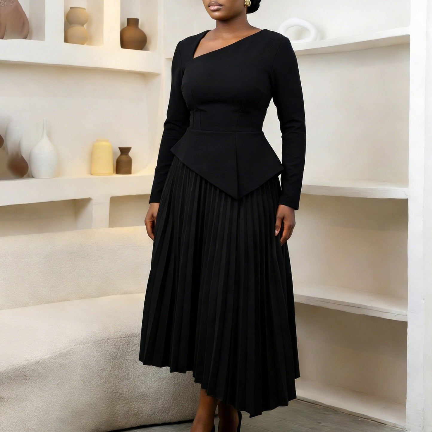 Damen Midi-Kleid Asymmetrisch Gefaltet