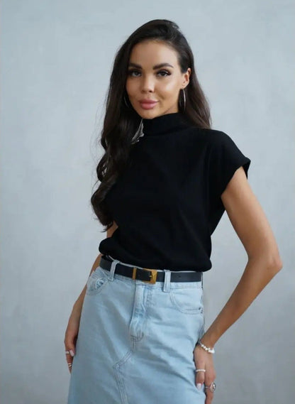 Damen Kurzarm-Shirt Hochkragen Elegantes Design