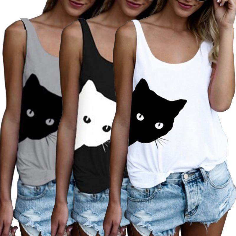 Damen Tanktop Katzenmotiv Baumwolle Lässig Weiß - Norvielle