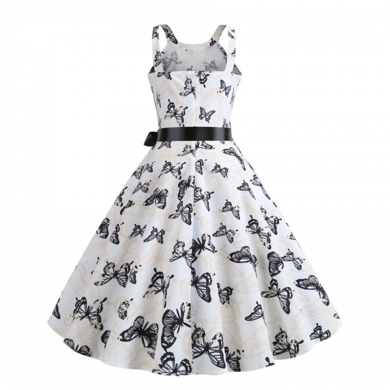 Damen Midikleid Schmetterlingsdruck Taillengürtel Norvielle