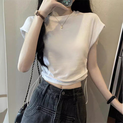 Damen T-Shirt Kurzarm Verstellbarer Kordelzug Puffärmel