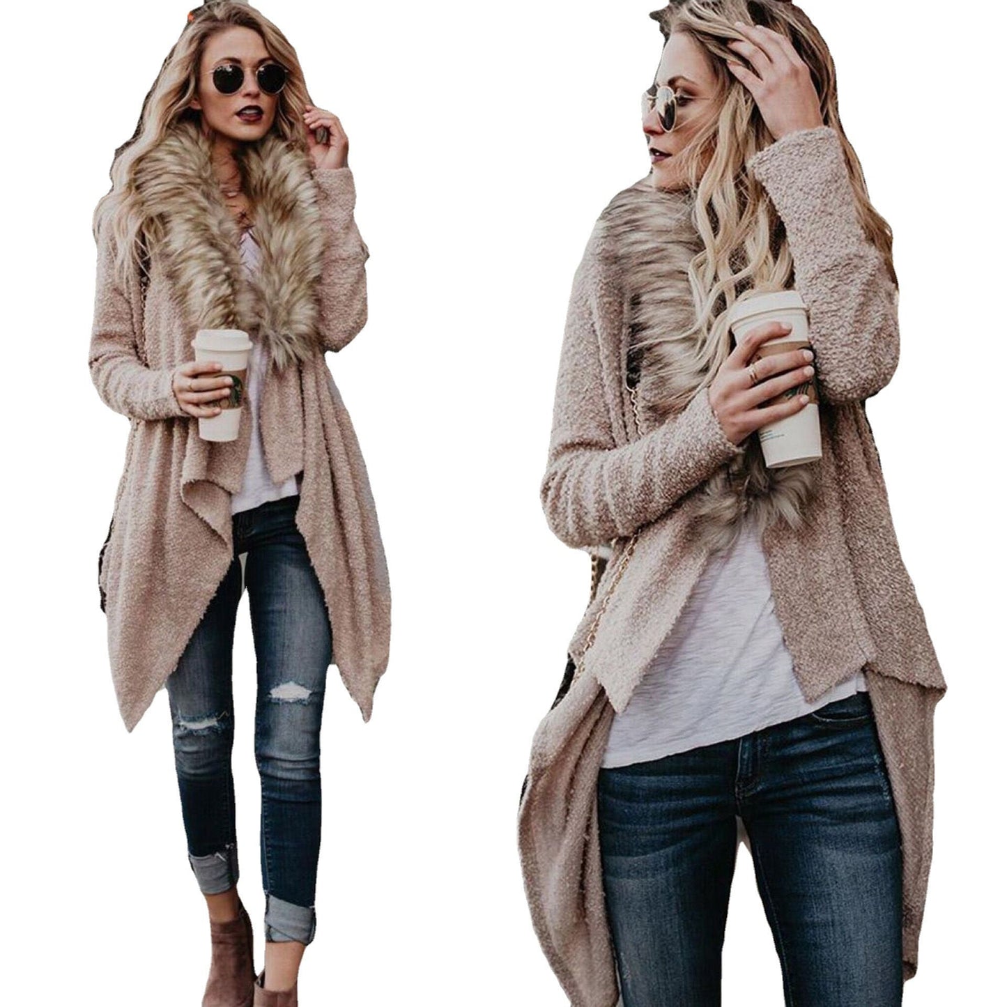 Damen Strickcardigan Flauschig Abnehmbarer Kunstfellkragen Norvielle