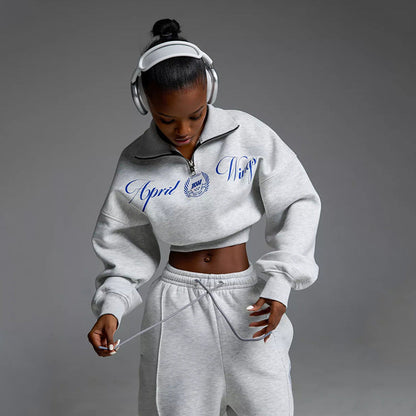 Damen Cropped Sweatshirt Hochkragen Bequem Grau
