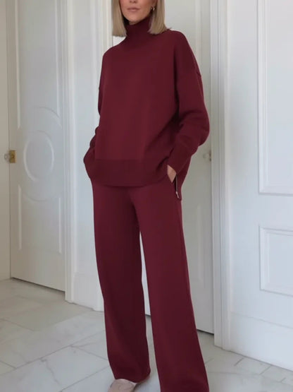 Damen Strick-Loungewear-Set Hochgeschlossener Pullover Weite Hose