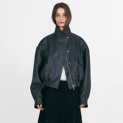 Damen Lederjacke Oversized Praktische Taschen Norvielle