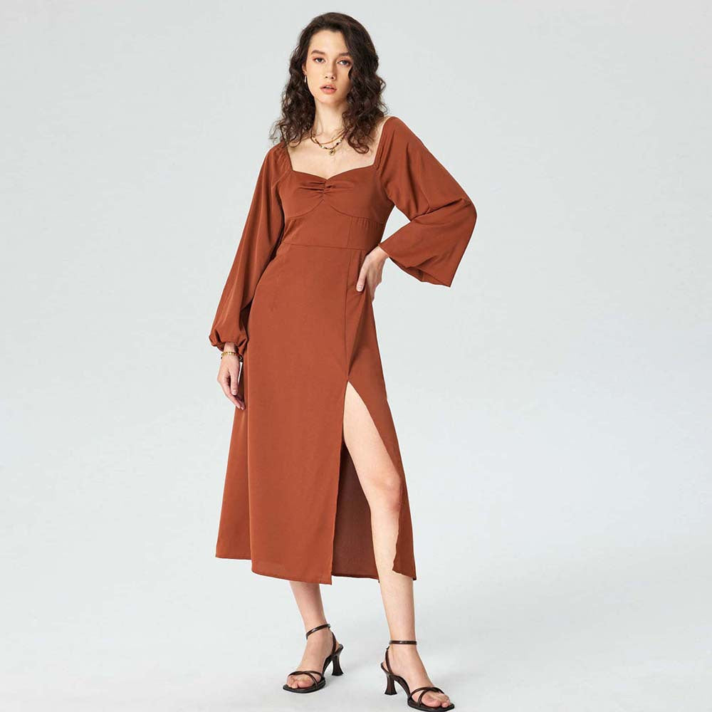 Damen Midi-Kleid Puffärmel Hohem Schlitz Norvielle - Norvielle