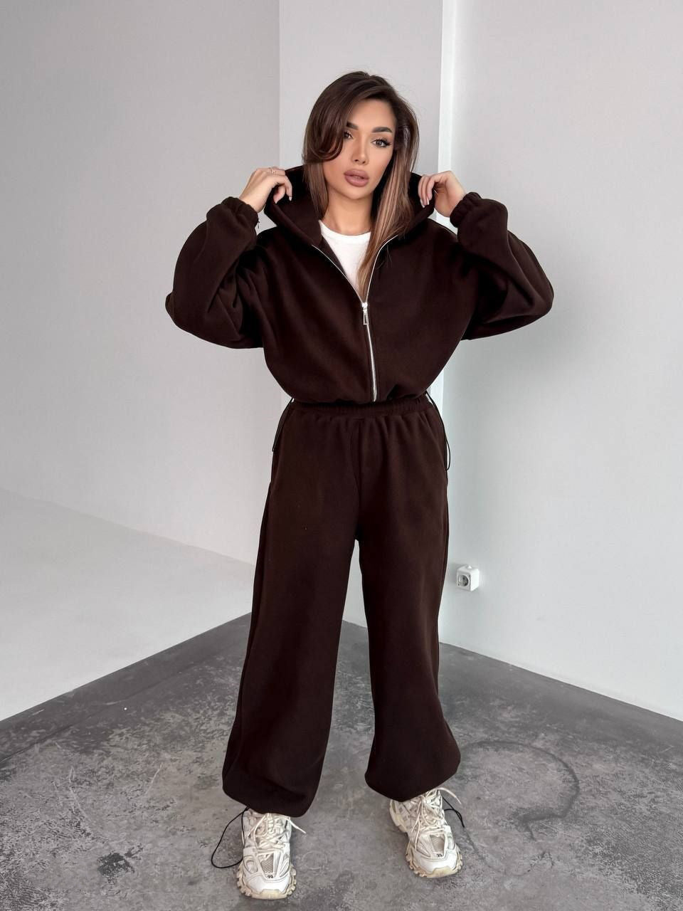 Damen Fleece-Jogginganzug Oversized mit Kapuze