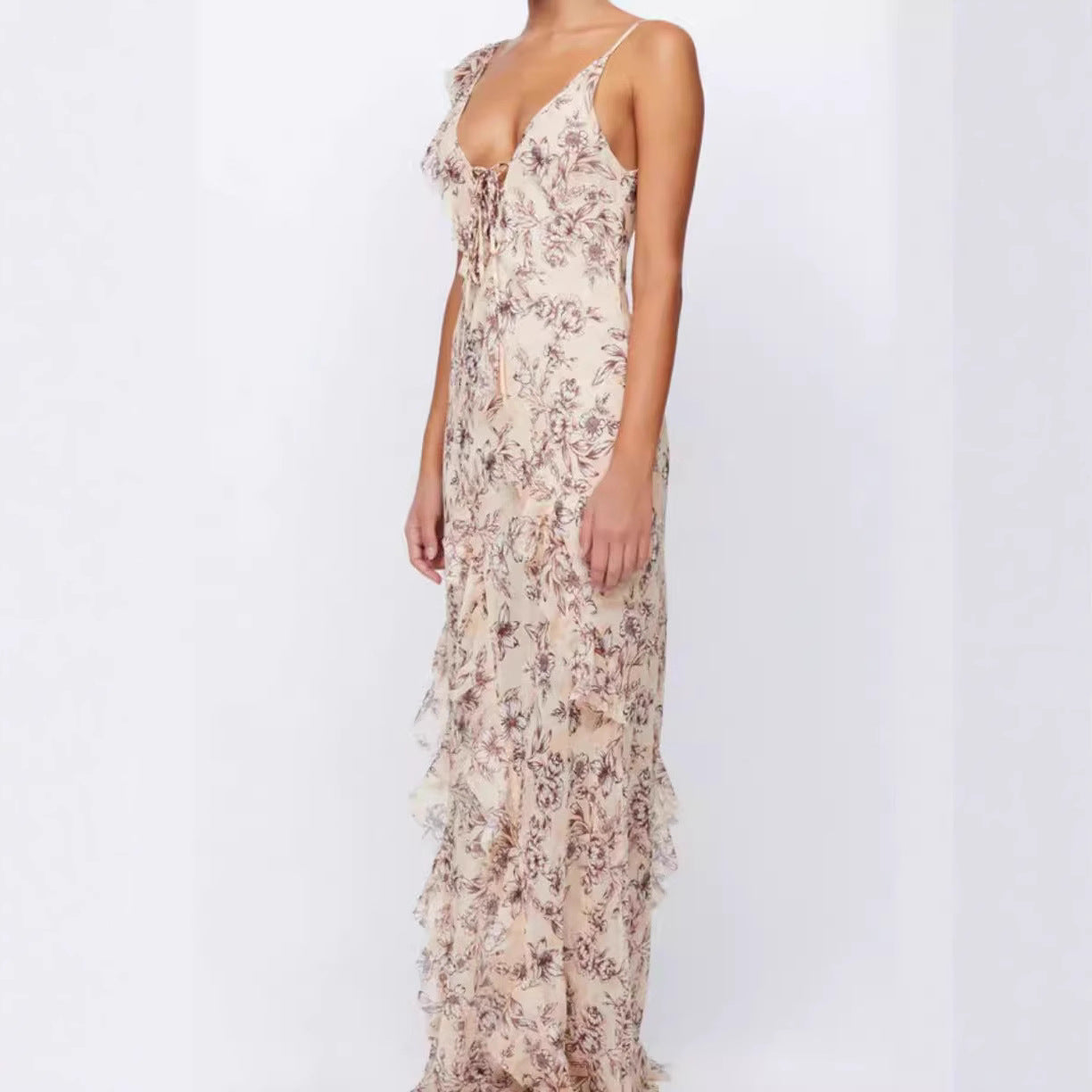 Damen Maxikleid Doppellagig Chiffon Blumenmuster