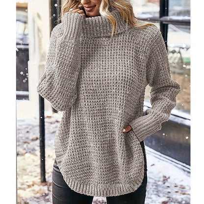 Damen Grobstrickpullover mit hohem Kragen und Taschen - Norvielle