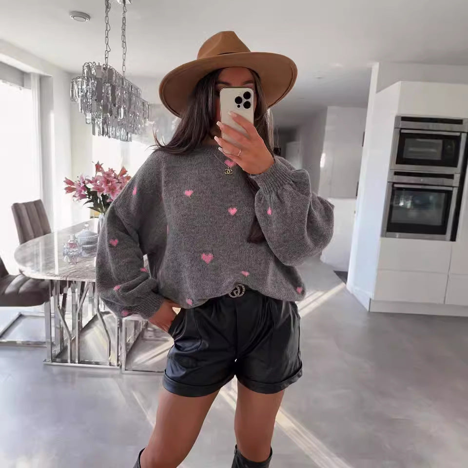 Damen Strickpullover Weit Kuschelig Herzmotiv Norvielle