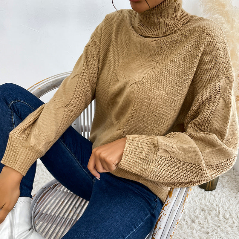 Damen Pullover Grobstrick Hochkragen Beige - Norvielle