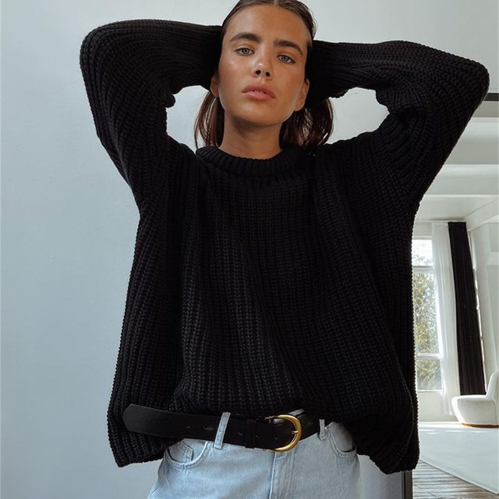 Damen Grobstrickpullover Lässiger Schnitt Weiter Halsausschnitt