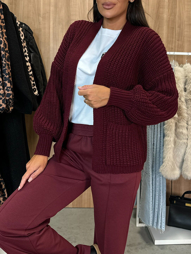 Damen Strickjacke Voluminöse Ärmel Taschen Norvielle