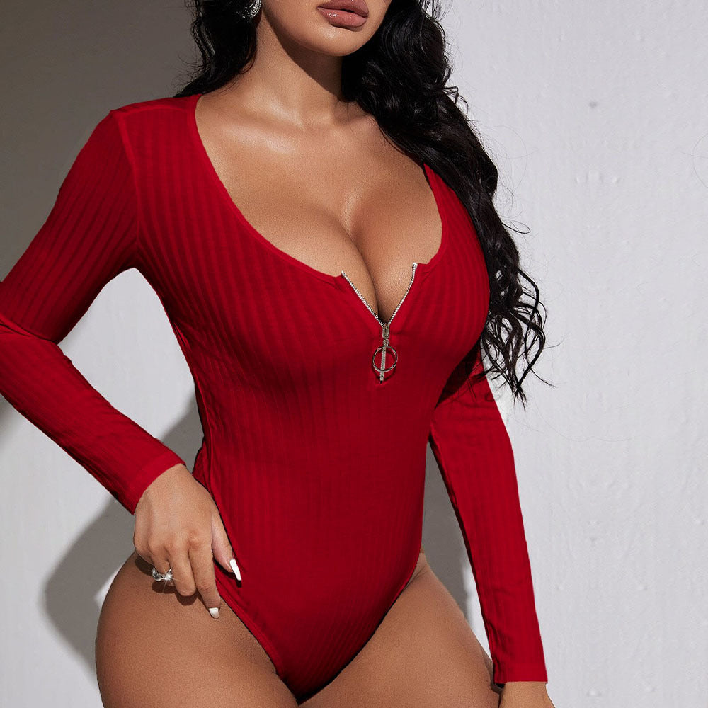 Damen Slim Fit Bodysuit V-Ausschnitt Reißverschluss Norvielle