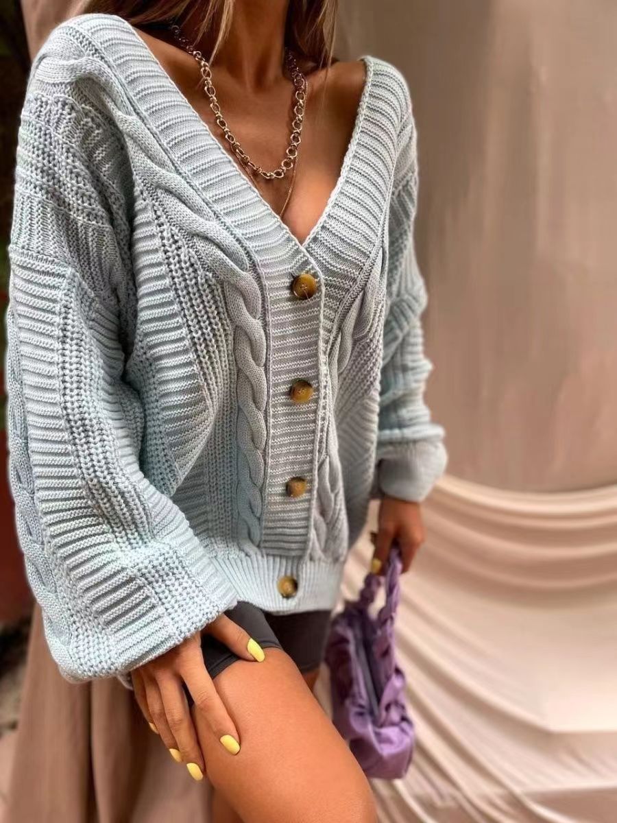 Damen Strickjacke V-Ausschnitt Große Knöpfe Norvielle