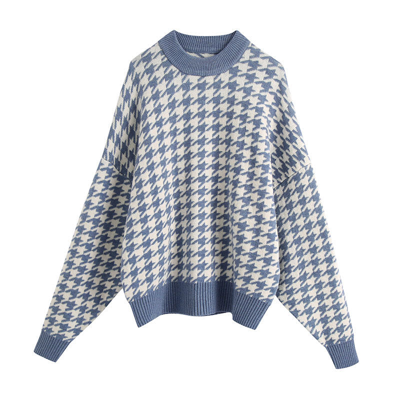Damen Strickpullover Oversized Hahnentrittmuster Beige