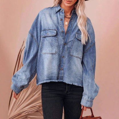 Damen Oversized Jeansjacke mit Fransen Details