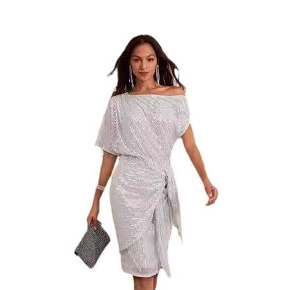 Damen Wickelkleid Asymmetrisch Glitzernd Pailletten