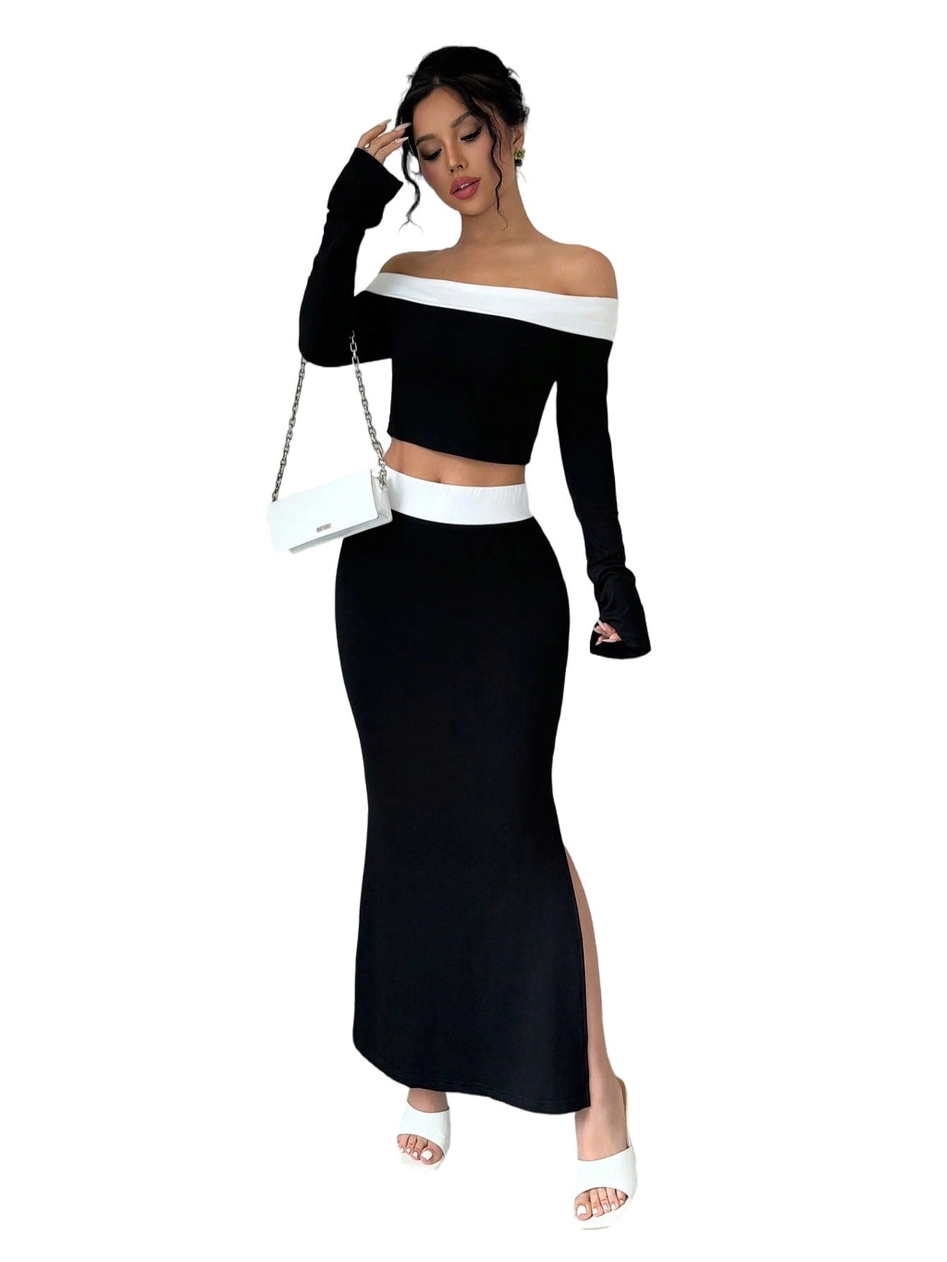 Damen Off-Shoulder Crop- Set mit Maxirock Norvielle