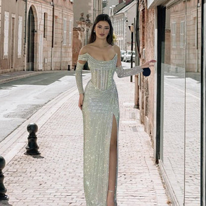 Damen Abendkleid Schimmerndes Detail Drapierter Rock