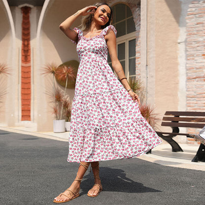 Damen Maxikleid Floralmuster Rüschendetails
