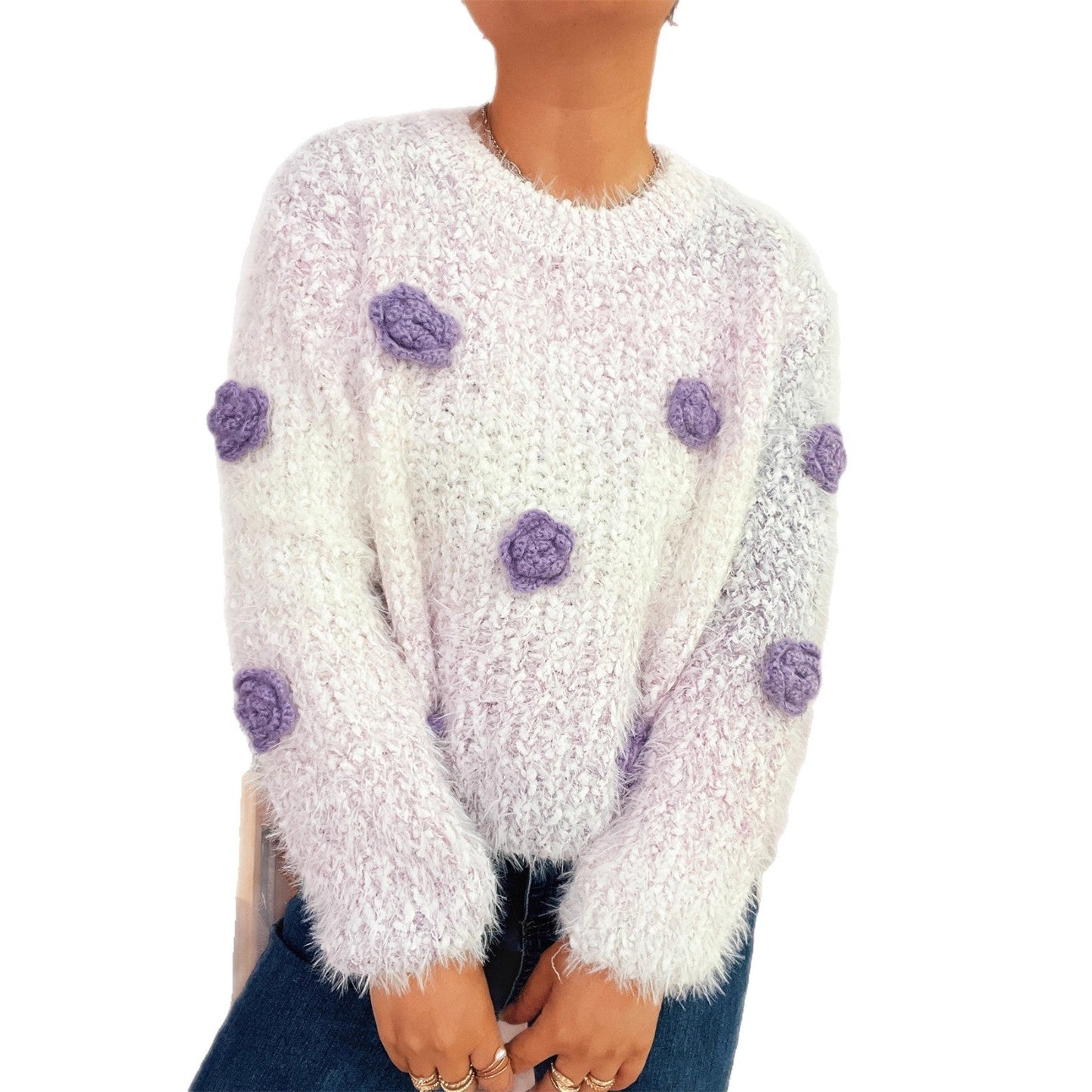 Damen Strickpullover Kuschelig Floralmuster Beige