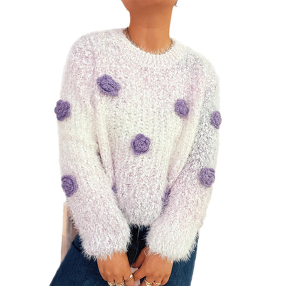 Damen Strickpullover Kuschelig Floralmuster Beige