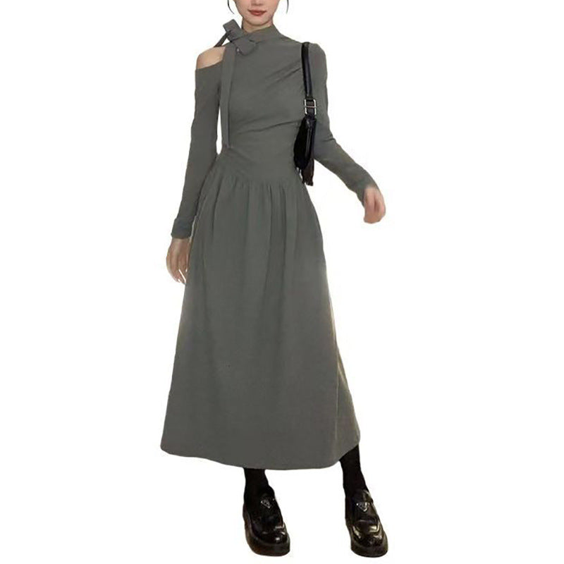 Damen Kleid Asymmetrischer Ausschnitt Elegantes Schleifendesign