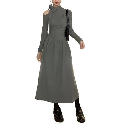 Damen Kleid Asymmetrischer Ausschnitt Elegantes Schleifendesign