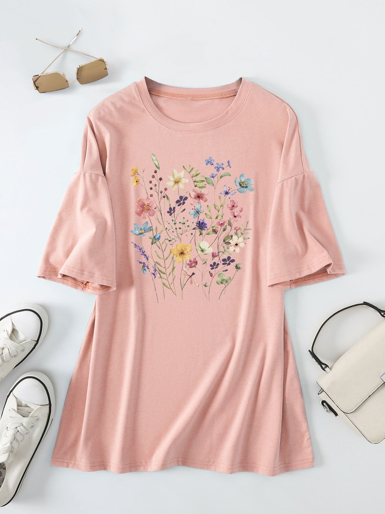 Damen Sommerbluse Floralmuster Baumwolle Blumenweiß