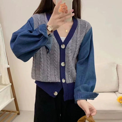 Damen Strickcardigan mit Denim Ärmeln