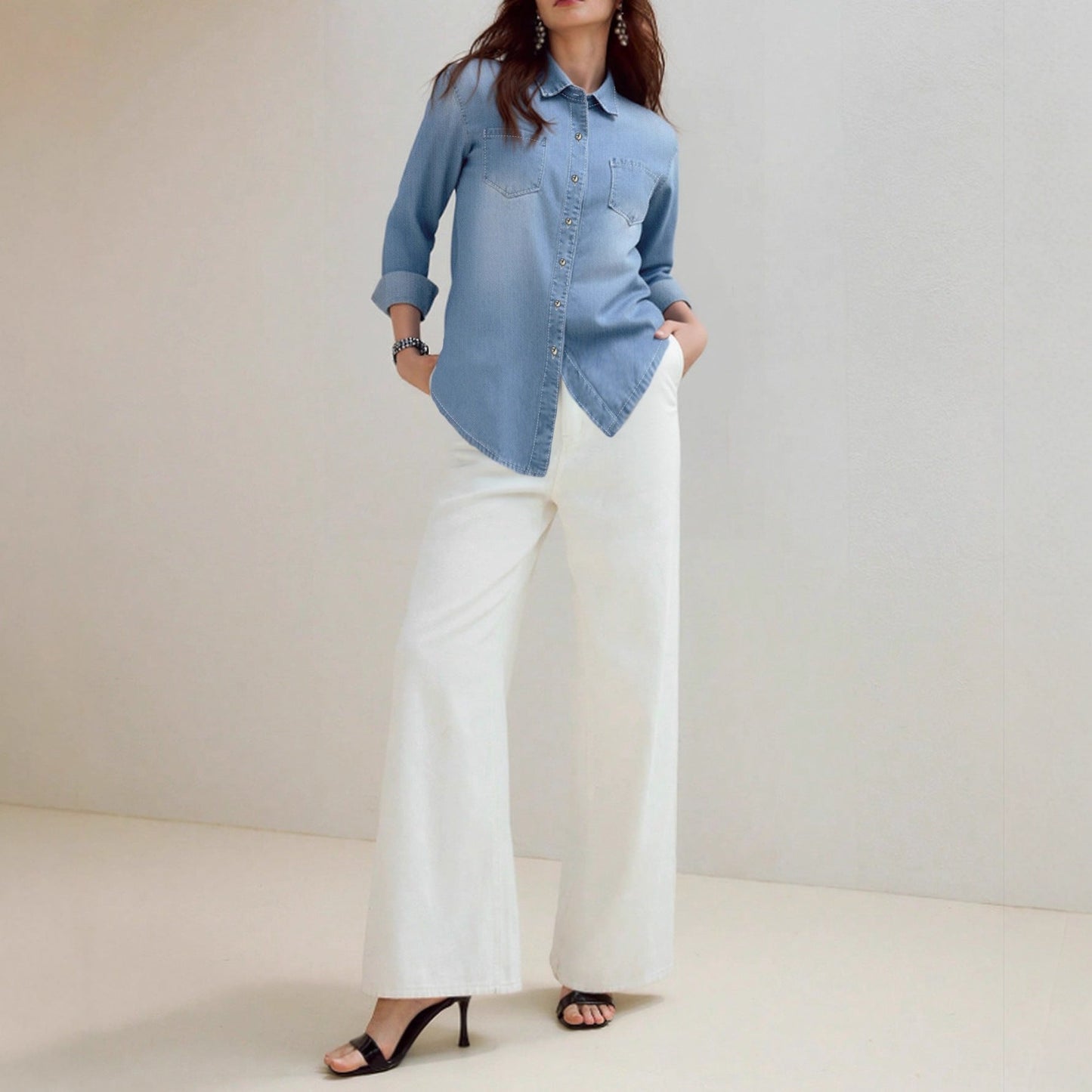 Damen Denim Hemd mit Brusttaschen und Knopfleiste