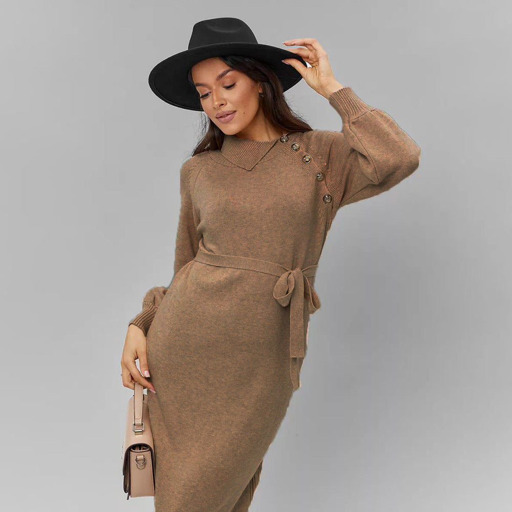Damen Strickkleid mit Gürtel und Knöpfen