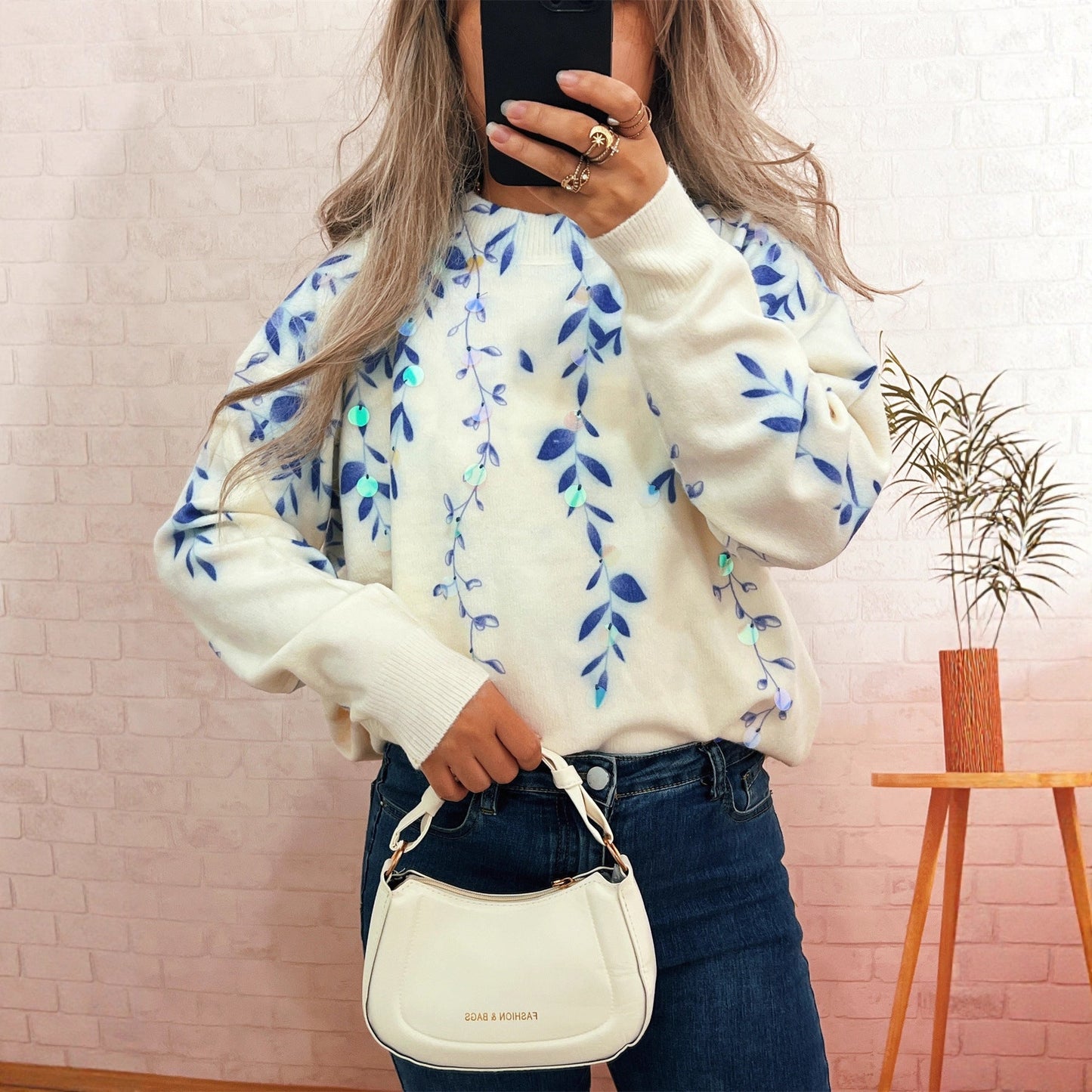 Damen Oversized-Pullover Kuschelfleece Floralmuster Beige