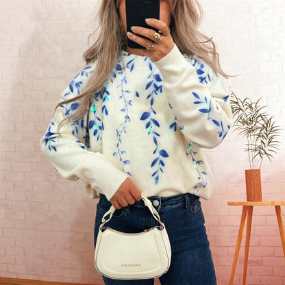 Damen Oversized-Pullover Kuschelfleece Floralmuster Beige