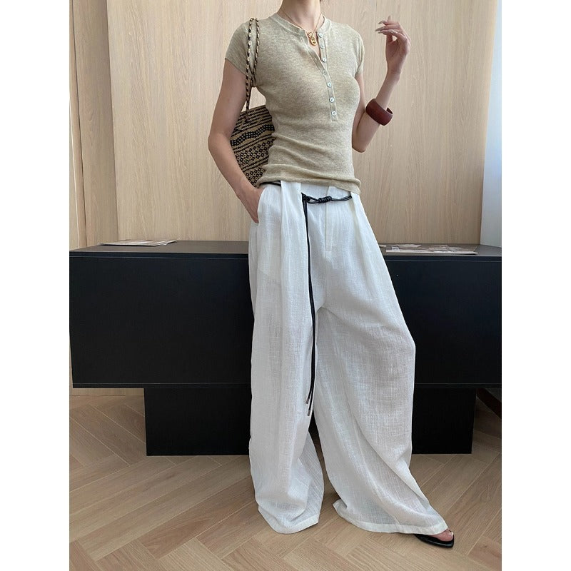 Damen Leinenhose Weites Bein Bequem Natur