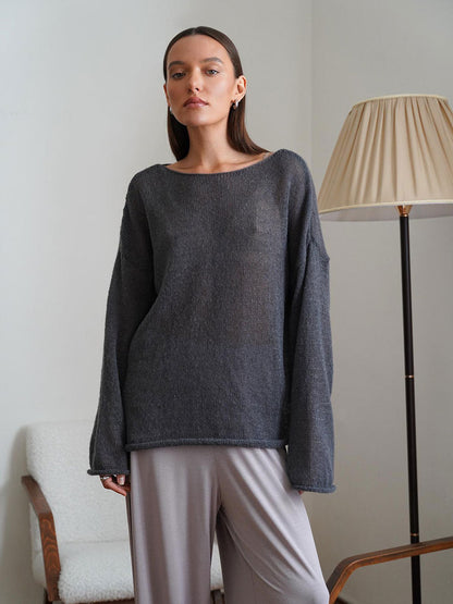 Damen Pullover Lässig Weite Ärmel Feines Lochstrick Beige