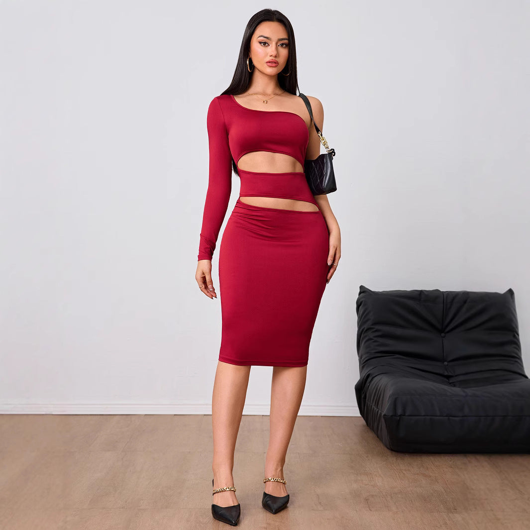 Damen Cut-Out-Midi-Kleid Asymmetrisch Langärmlig Schwarz Norvielle - Norvielle