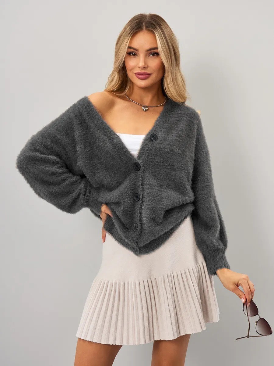 Damen Strickjacke Flauschig V-Ausschnitt Knöpfe Beige