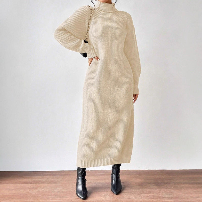 Damen Strickkleid Hochgeschlossener Kragen Weite Passform Beige - Norvielle