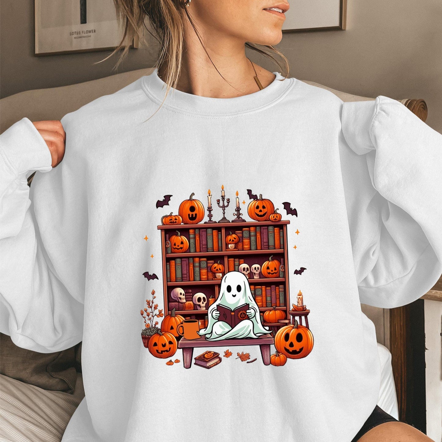 Damen Sweatshirt Herbst Grusel Motiv Puffärmel