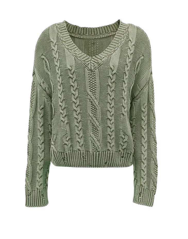 Damen Grobstrickpullover V-Ausschnitt Zopfmuster Norvielle