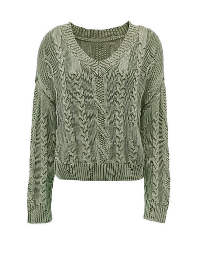 Damen Grobstrickpullover V-Ausschnitt Zopfmuster Norvielle